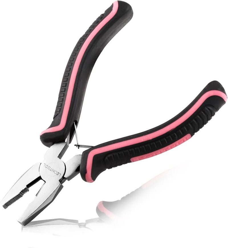 LEONTOOL Mini Linemans Pliers Spring Loaded 5 Inches Wire Cutter with Serrated Jaw Chromium Vanadium Steel Construction Mini Combination Pliers for Jewelry Making, Pink Tool for Women - Image 1